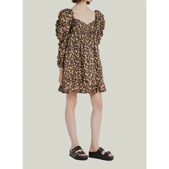 $1095 Autumn Adeigbo Women's Brown Silk Floral Ruched Bridgette Dress Size 2